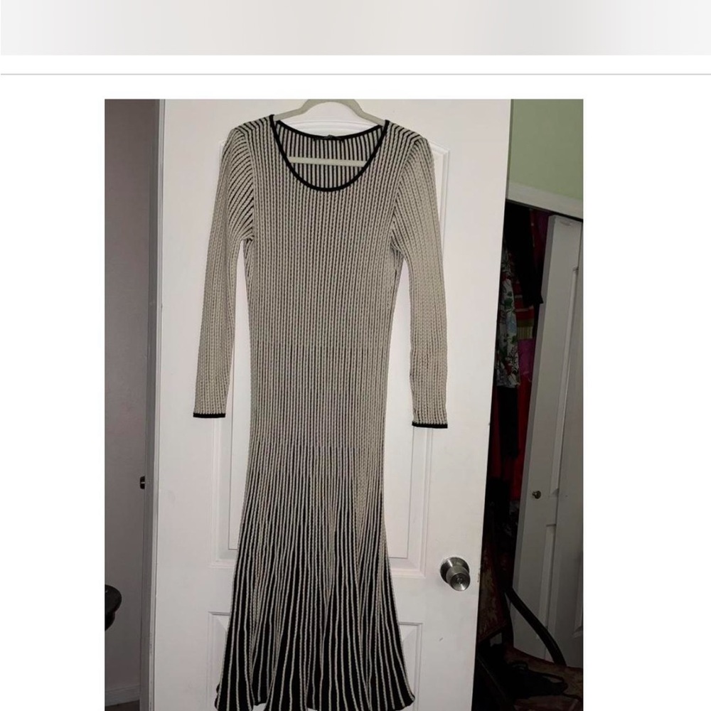 Peruvian Connection Black and Cream Striped Long Sleeve Dress